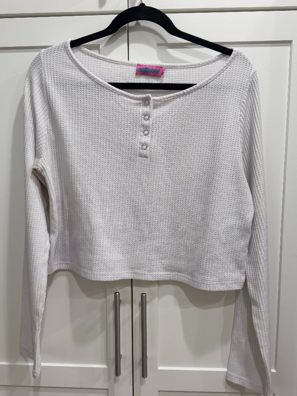 Edikted Women's Top, White, Long Sleeve, XL, Waffle Design, Crop Top